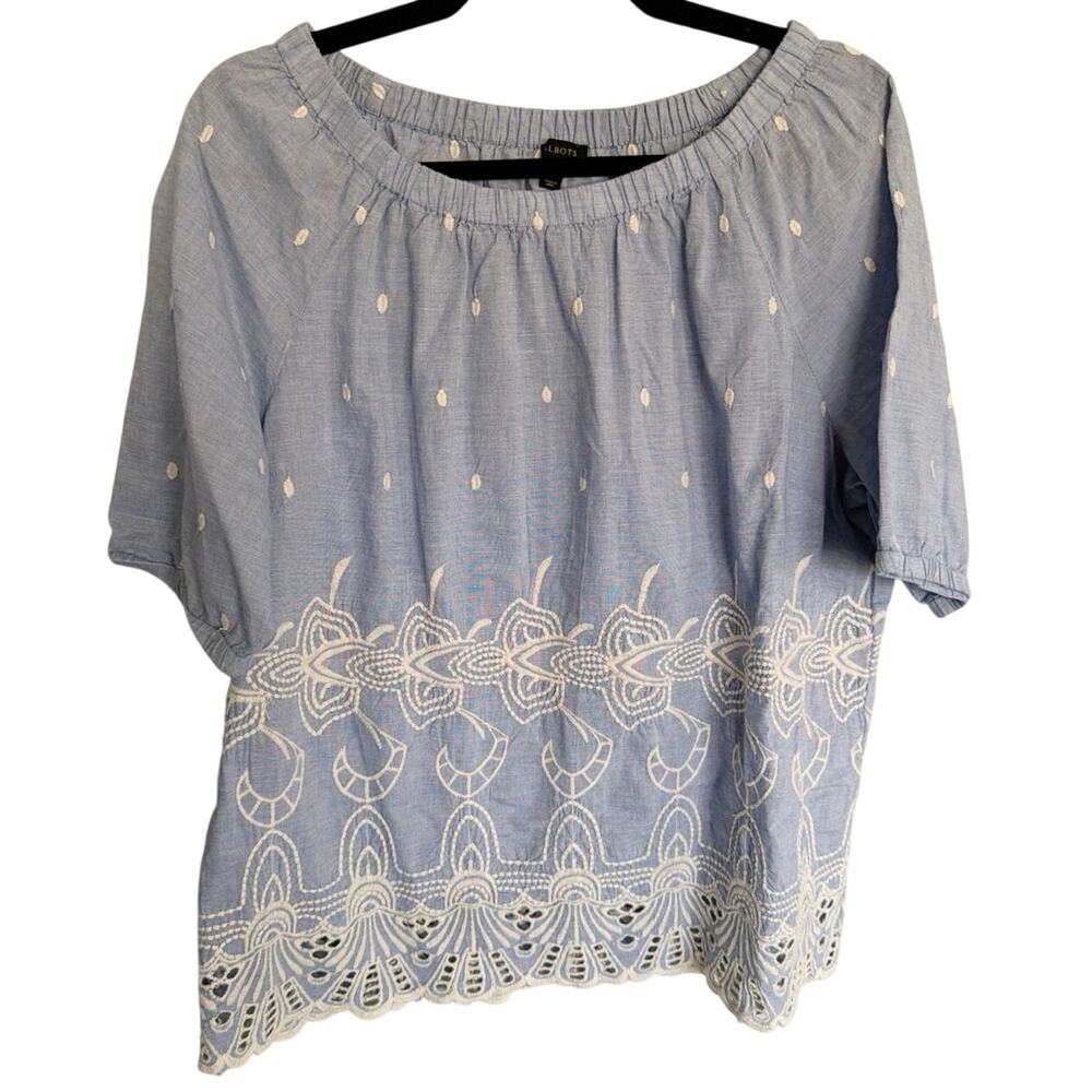 Talbots L Blue Chambray Embroidered Blouse Off-Shoulder Eyelet Cotton EUC